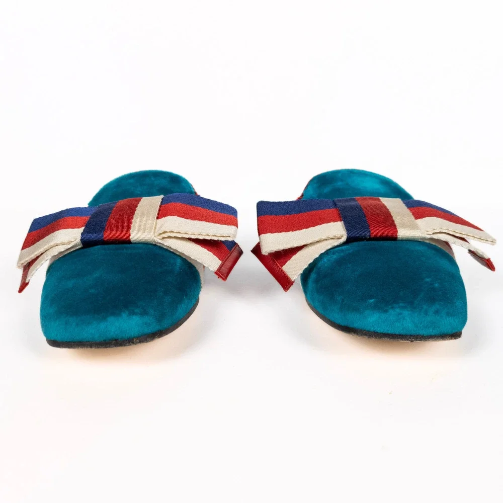 GUCCI Sylvie Bow Velvet Mule Flat Slippers in Pavone Red Blue Women's EU 37.5 - Picture 8 of 11